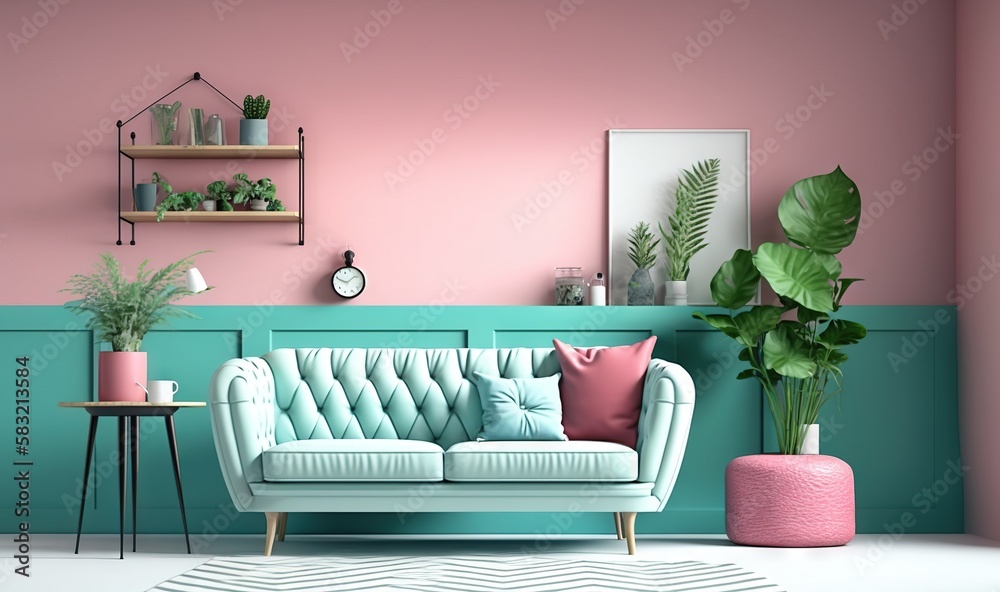  a living room with a couch, table, and potted plants on the side of the room and a pink wall behind