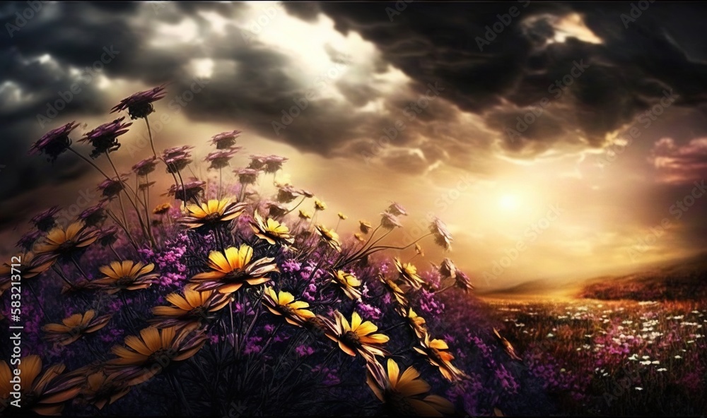  a painting of a field of wildflowers under a cloudy sky with sunbeams in the distance and a city in