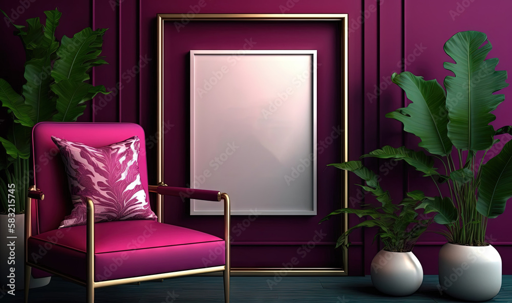  a purple chair and a pink chair in a room with a purple wall and a large plant in a vase and a fram