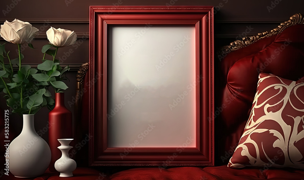  a picture frame sitting on top of a red couch next to a vase of flowers and a vase with a white ros