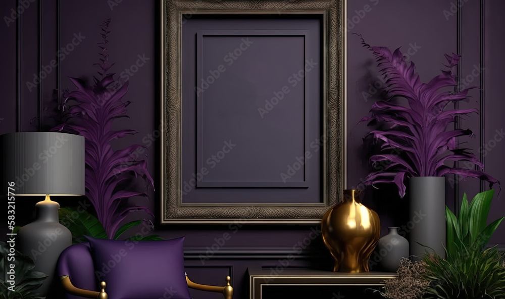  a picture frame sitting on a table next to a chair and a vase with a plant in it and a lamp on a ta