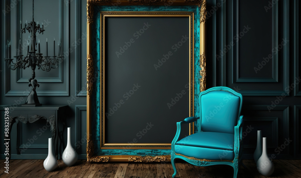  a blue chair sitting in front of a framed picture in a room with a chandelier and a chandelier on t