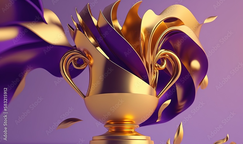  a golden trophy with a purple background and gold leaves on its side and a purple ribbon around it