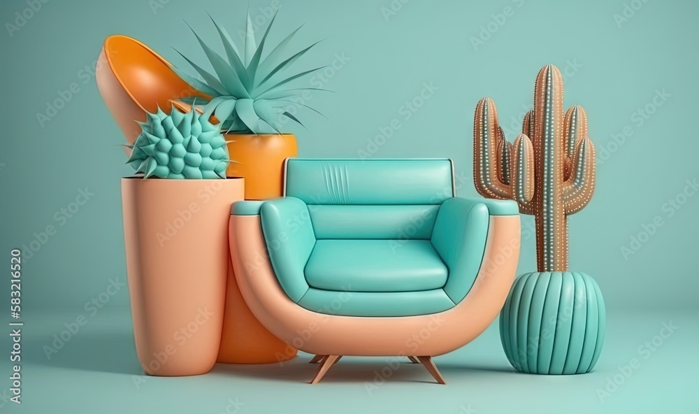  a chair and a cactus are sitting next to each other on a blue background with a light green back gr