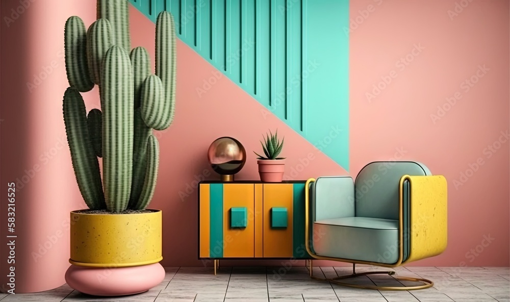  a room with a chair, a cactus and a cabinet with a door on it and a wall painted in pink, blue, yel