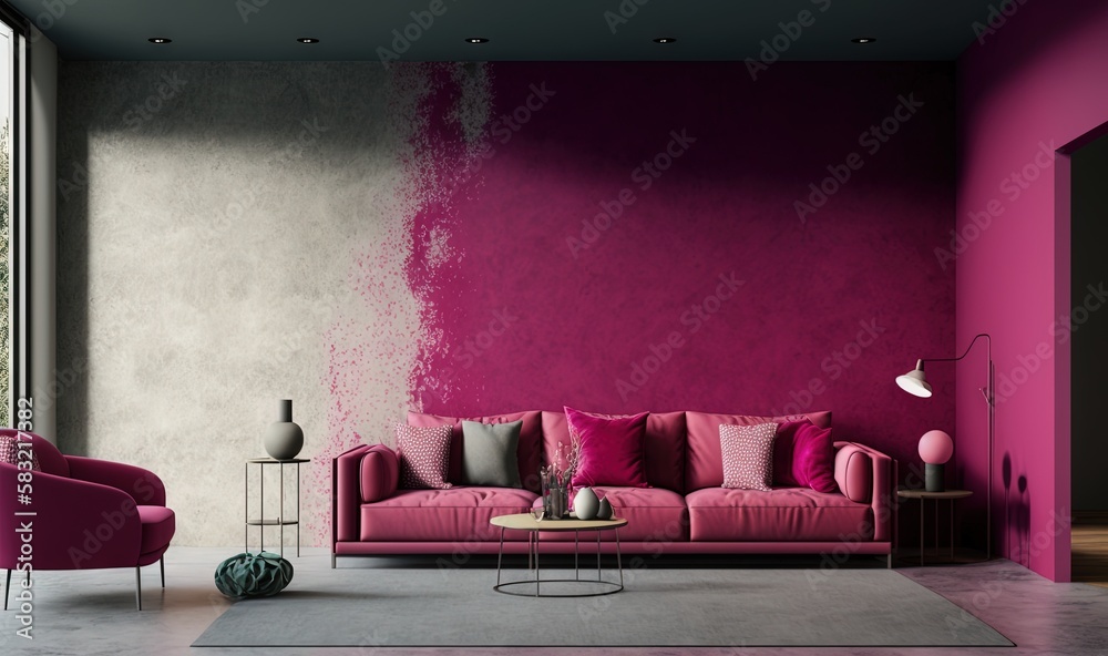  a living room with a pink couch and two chairs and a table in front of a window with a pink wall an