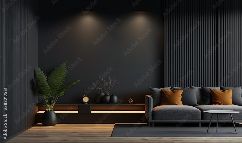  a living room with a couch, table and a potted plant on the side of the wall and a black wall behin