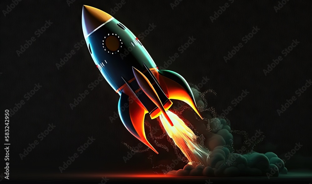  a colorful rocket launching into the air with smoke and steam coming out of its sides and a black 