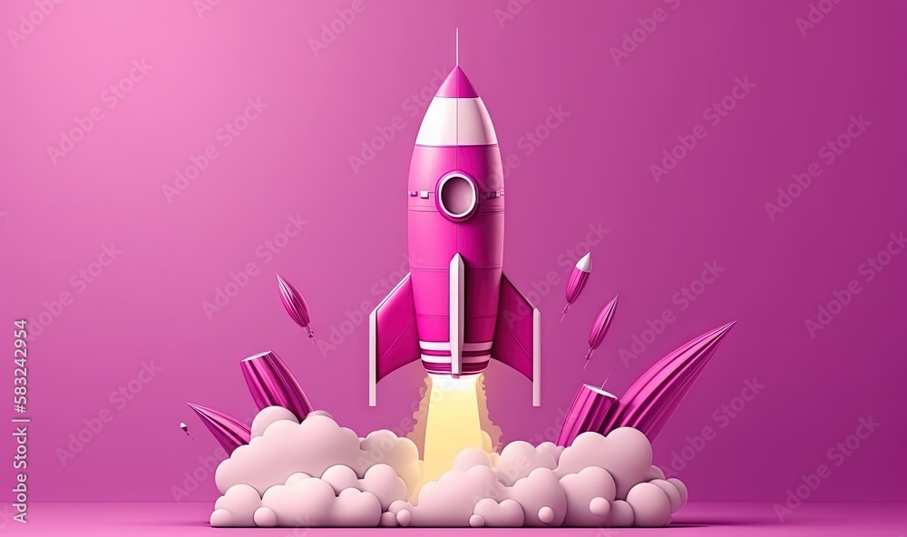  a pink rocket is flying through the air with clouds around it and the bottom of the rocket is flyin