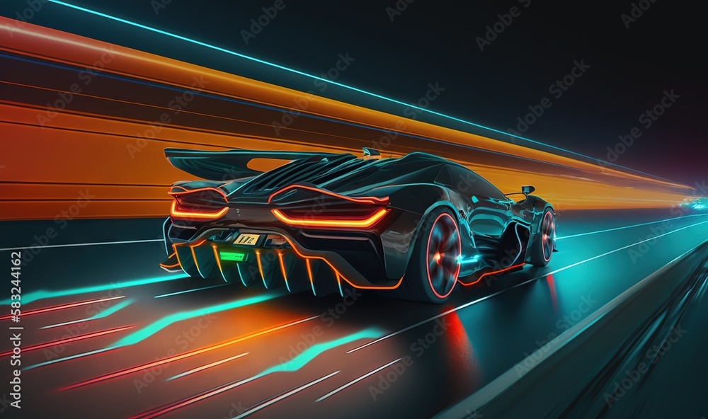  a futuristic car driving down a highway at high speed with neon lights on the side of the road and 