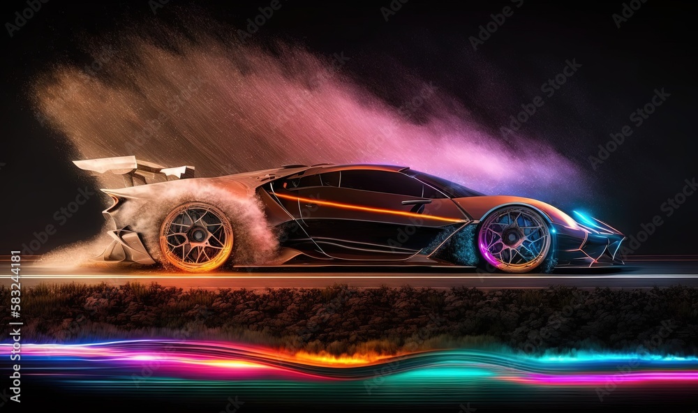  a car with a lot of dust coming out of its back end and a rainbow of light coming out of its rear