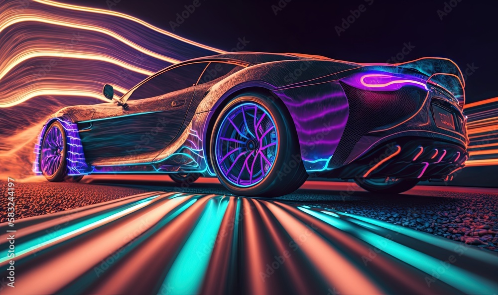  a futuristic car driving down a road with neon lights on its tires and wheels, with a black backgr