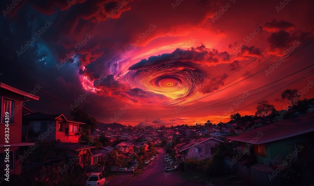  a red sky with a swirl in the middle of the sky over a town at night time with a car parked on the 
