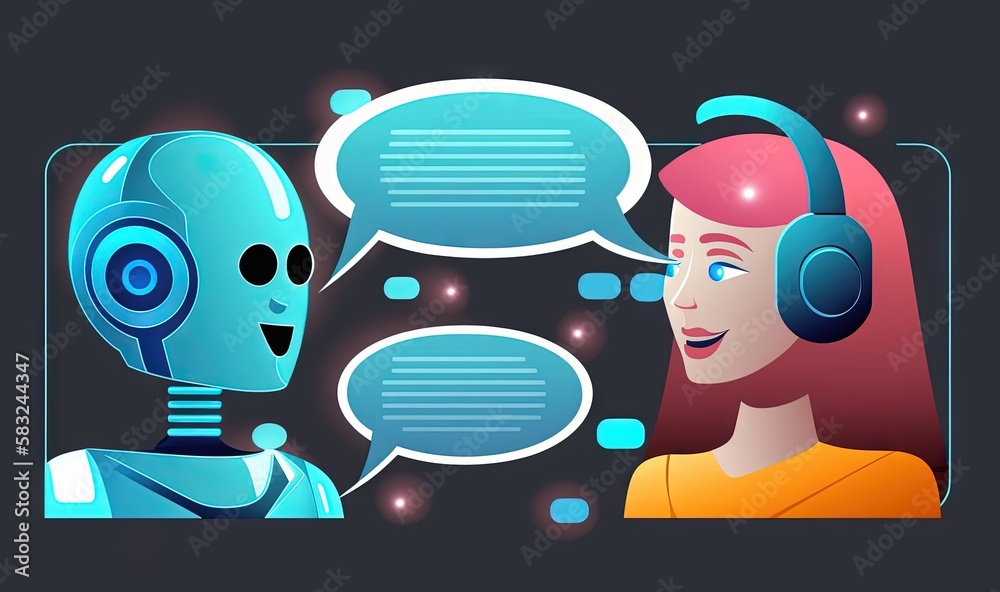  a woman with headphones talking to a robot with a speech bubble above her head, with a chat bubble 