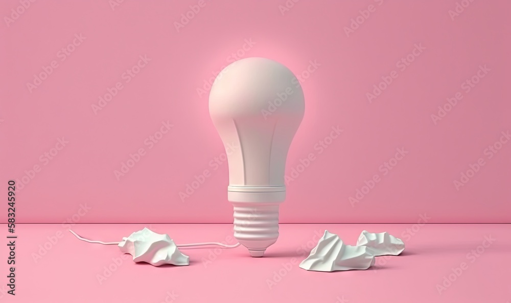  a white light bulb sitting on top of a pink floor next to a pile of whipped cream on a pink surface