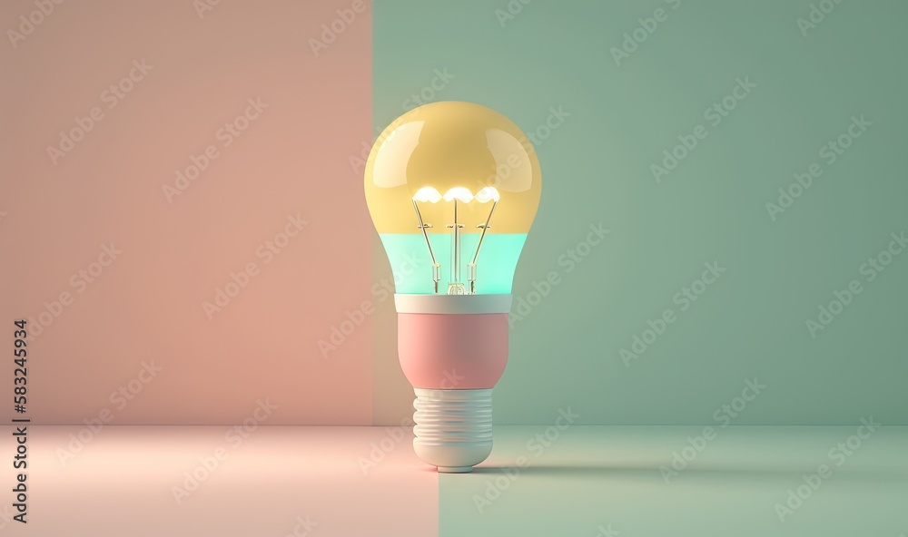  a yellow light bulb sitting on top of a table next to a green and pink wall and a pink and green wa