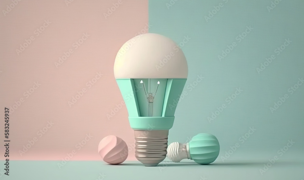  a light bulb and three other light bulbs on a blue and pink surface with a light pink wall in the b