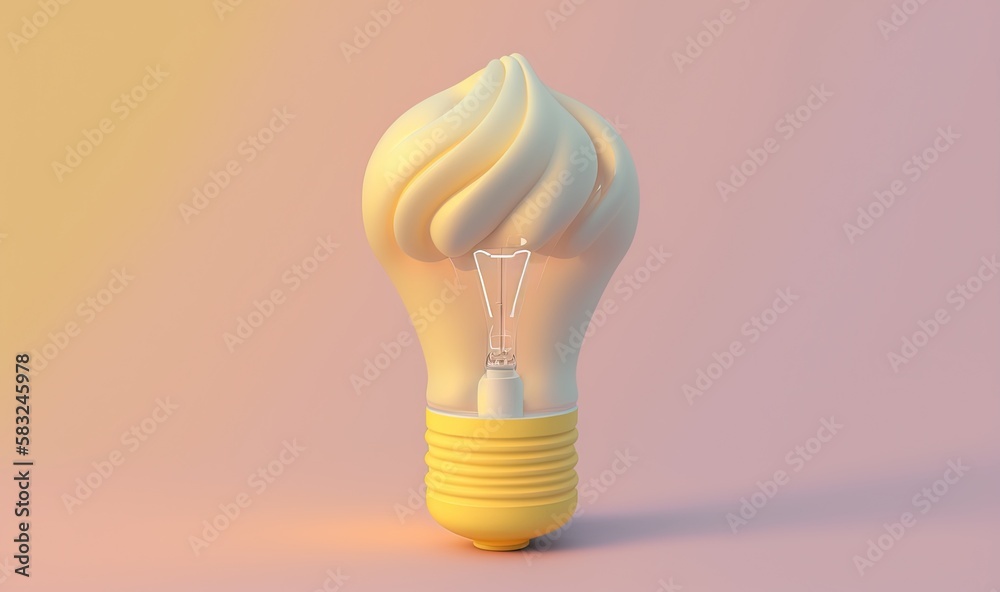  a yellow light bulb with a whipped cream inside of it on a pink and yellow background with a shadow
