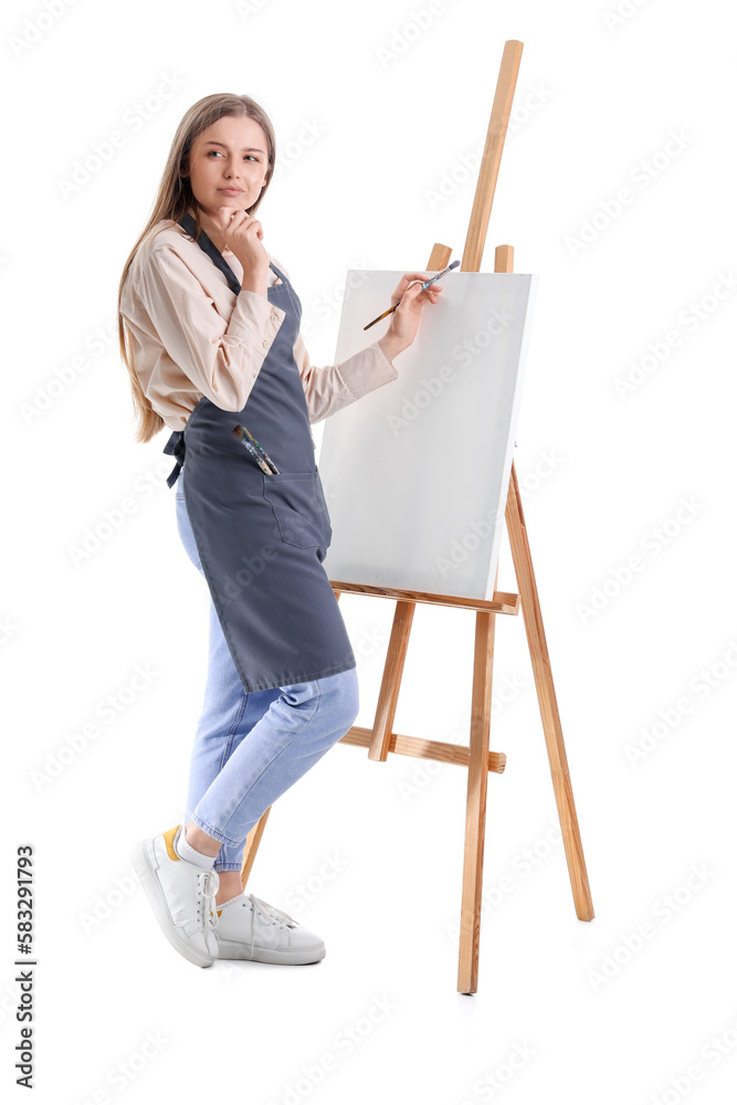 Drawing teacher with paint brush and easel on white background