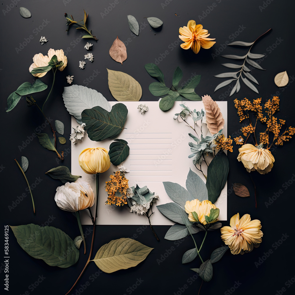 Creative layout of flowers and leaves with a paper note. Flat lay. Illustration AI Generative