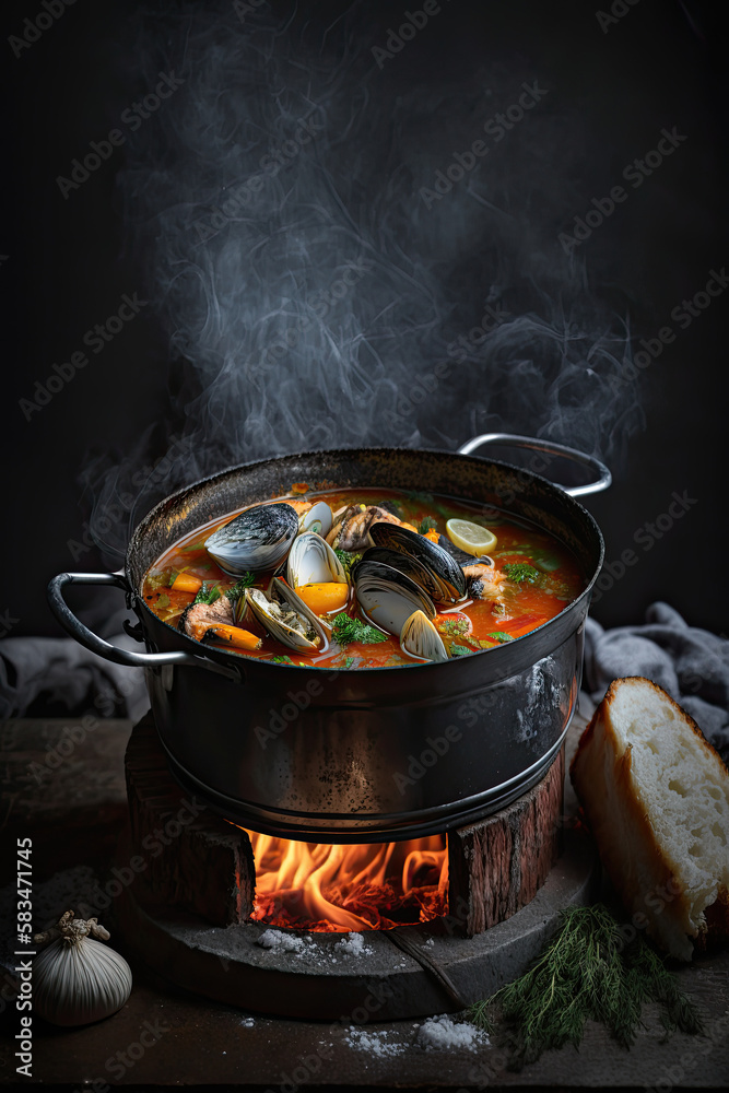 french hot soup Bouillabaisse with clams fish soup. Illustration AI Generative