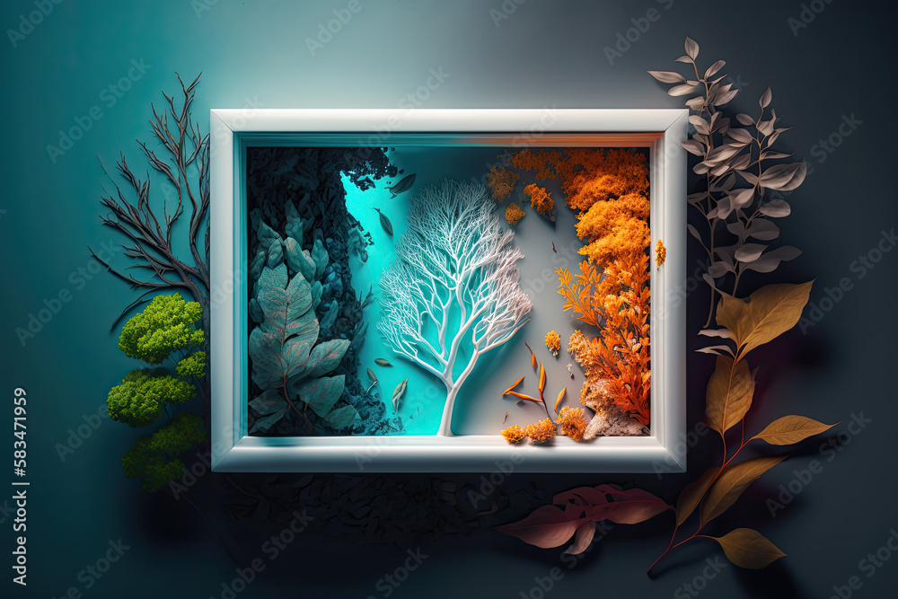 Creative layout of flowers and leaves with a paper note. Flat lay. Illustration AI Generative