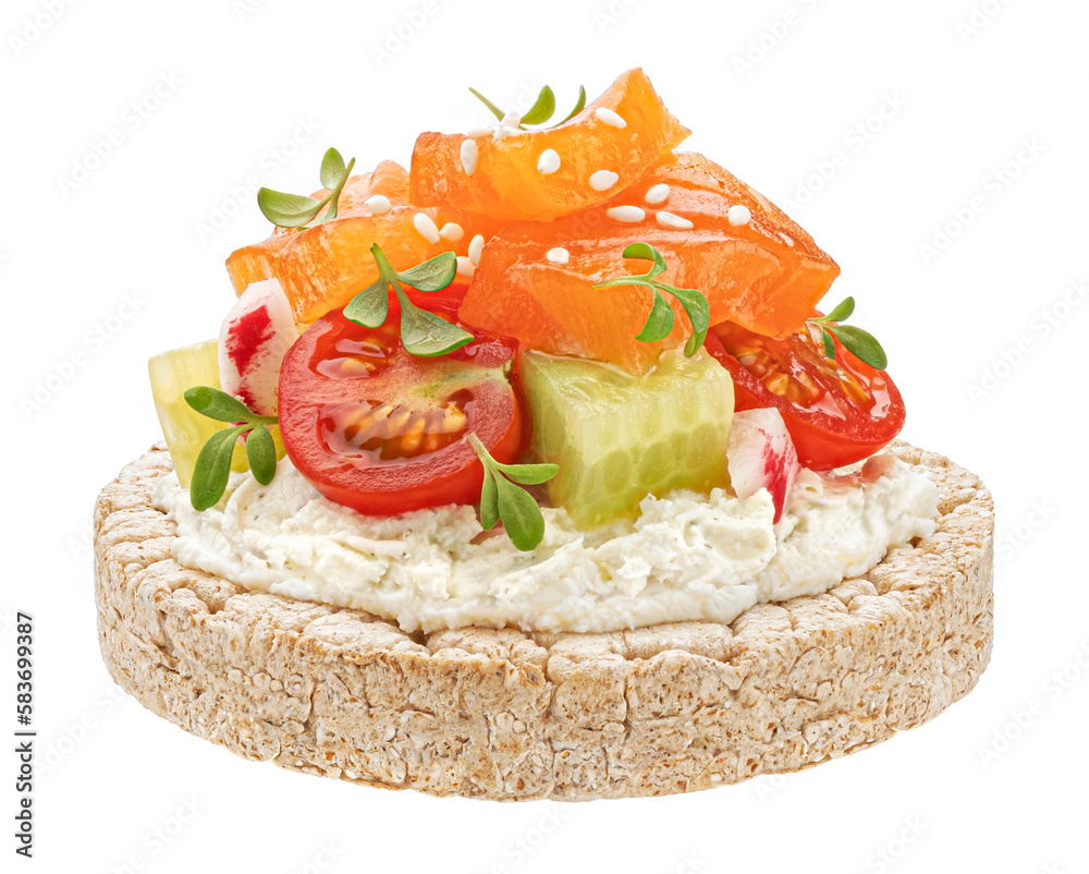 Puffed rice cake with smoked salmon isolated on white background