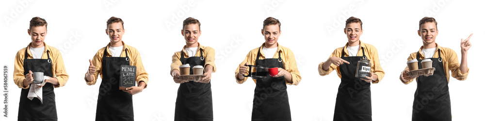 Collage of male barista on white background