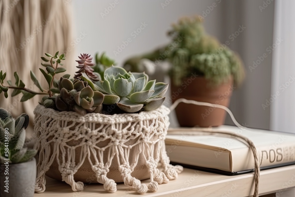 Succulent plant in container and handmade macrame on elegant and minimalist boho white backdrop with