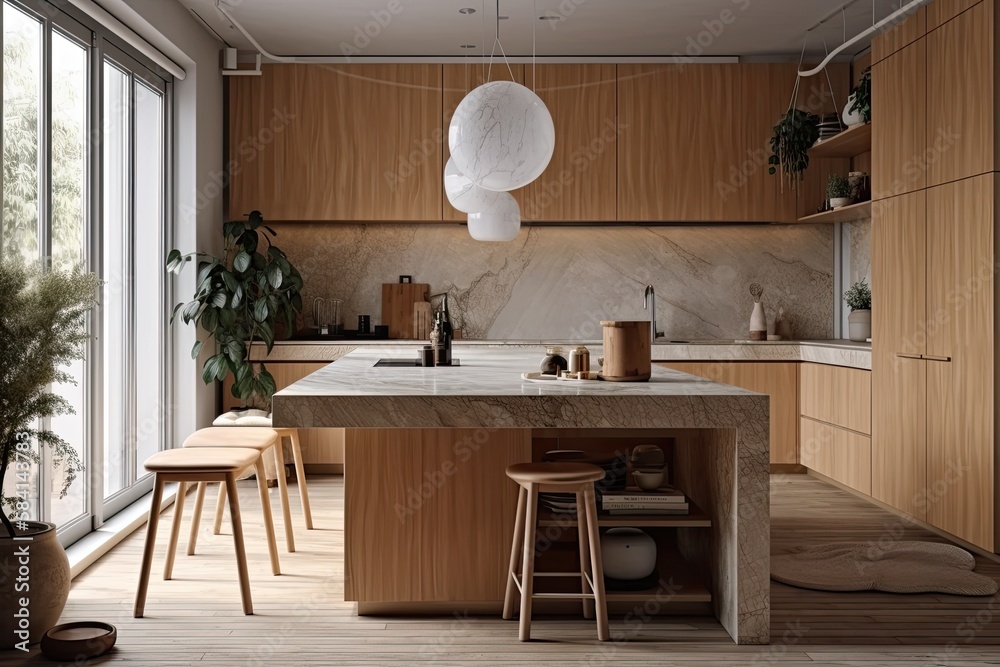 Japandis stylish Scandinavian flat. Marble topped island in wooden kitchen. illustration. Generativ