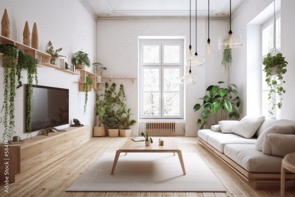 Scandinavian minimalism. Bright studio living room. Comfortable design with huge modular couch, wood