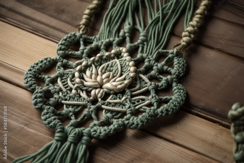 iris green macramé wall hanging with lotus blossom motif. Hand knotted macrame. Cotton rope wood and