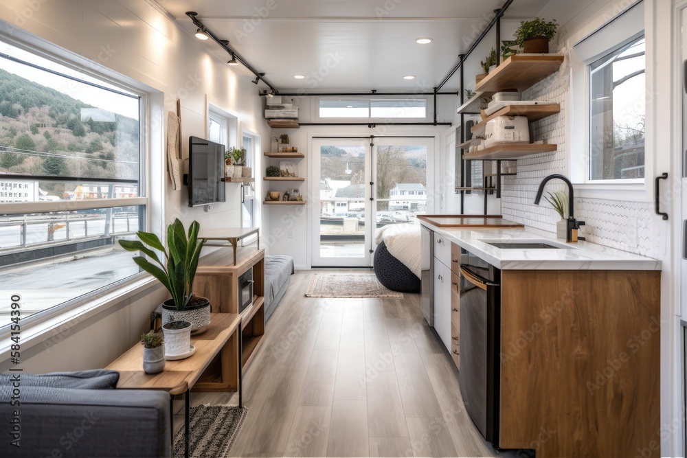 Chattanooga, Tennessee, USA, February 25, 2020 Contemporary living room and kitchen in little house.