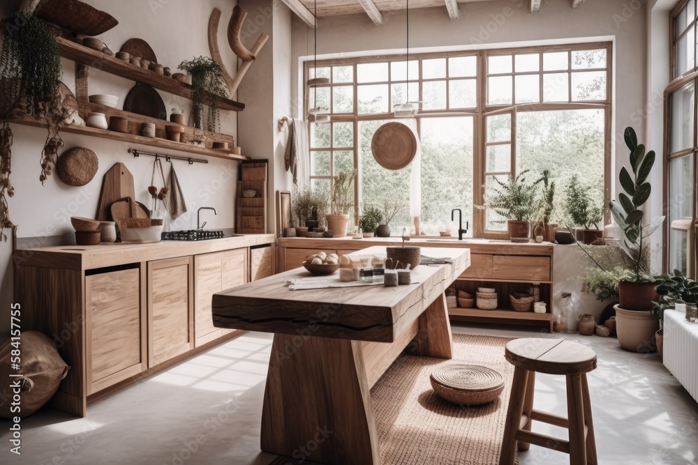 Beautiful, natural bohemian kitchen. Wooden kitchen cabinet, concrete countertop, plaster walls, con