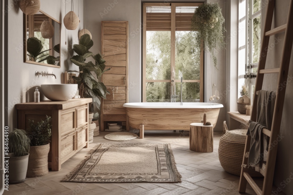 Boho scandinavian home decor. Beige bathroom with natural wood furnishings. Generative AI