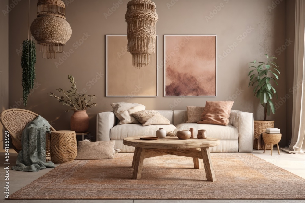 Boho chic living room. Warm pastels. Plaster background. Beige ivory taupe room design. Mediterranea