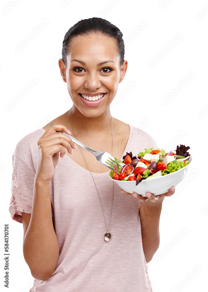 Diet, eating and portrait of woman with salad for health, wellness and lose weight or nutrition life