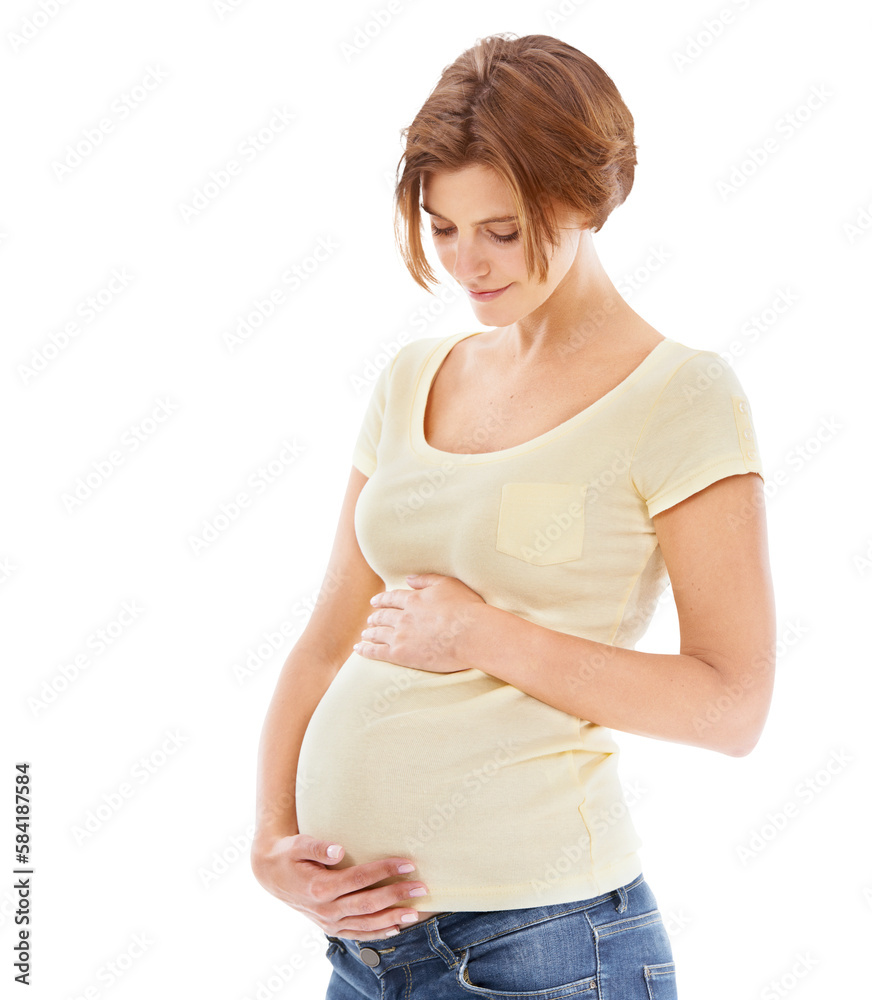 Woman, pregnant and hands on stomach with smile, thinking and love on an isolated and transparent pn