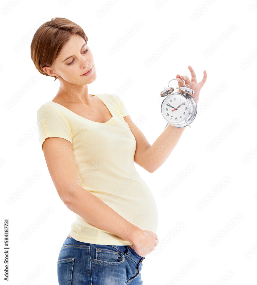 Pregnancy, alarm clock and young woman holding her stomach waiting for the birth of baby. Maternity,