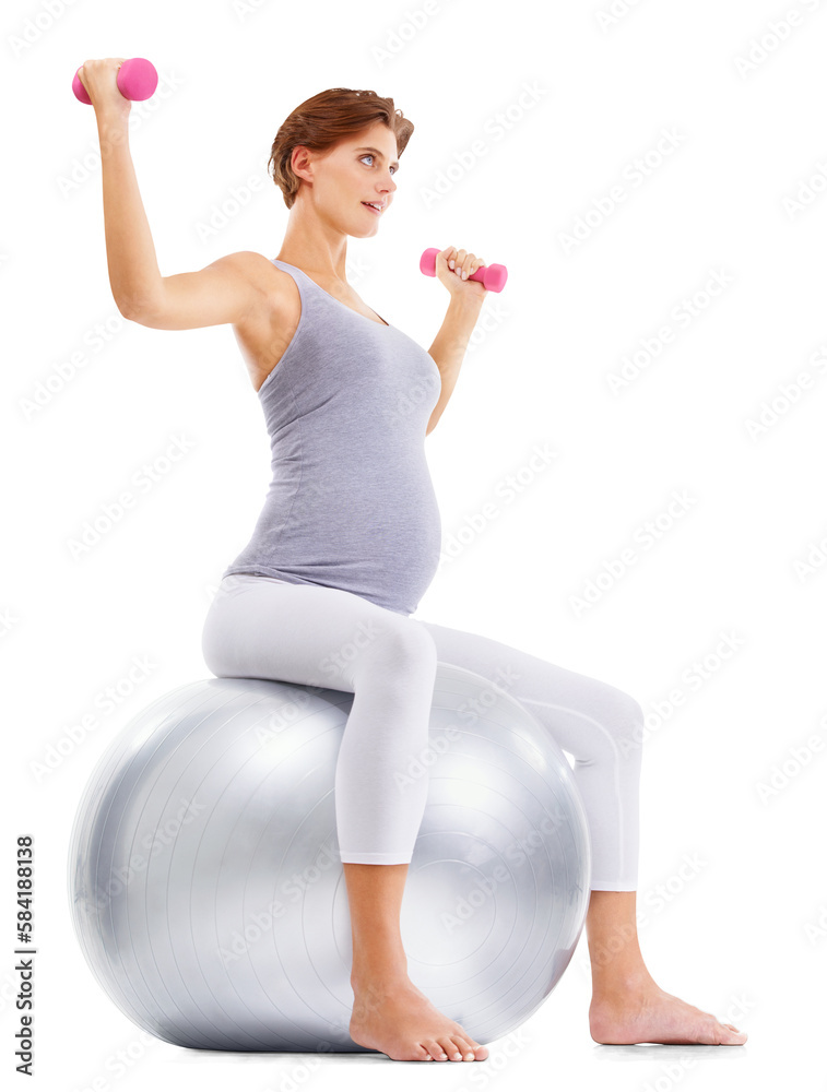 Fitness, pregnancy and girl with dumbbells on ball for healthy maternity wellness. Sports, health an