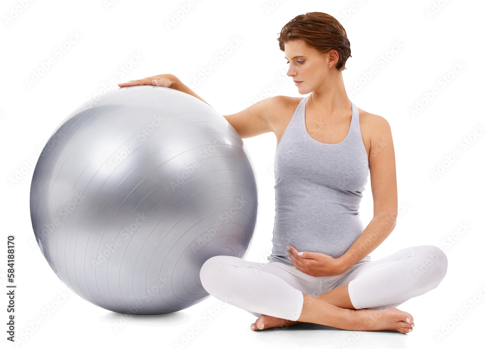 Pregnant, woman and fitness ball on an isolated and transparent png background for exercise, pilates