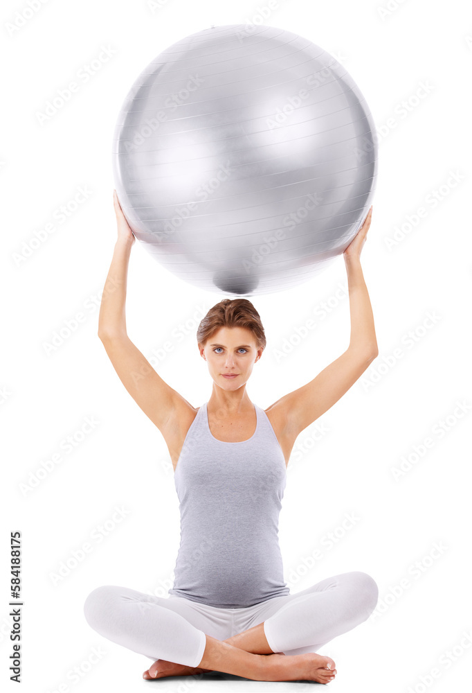 Pregnant woman, portrait and exercise ball on an isolated and transparent png background for fitness
