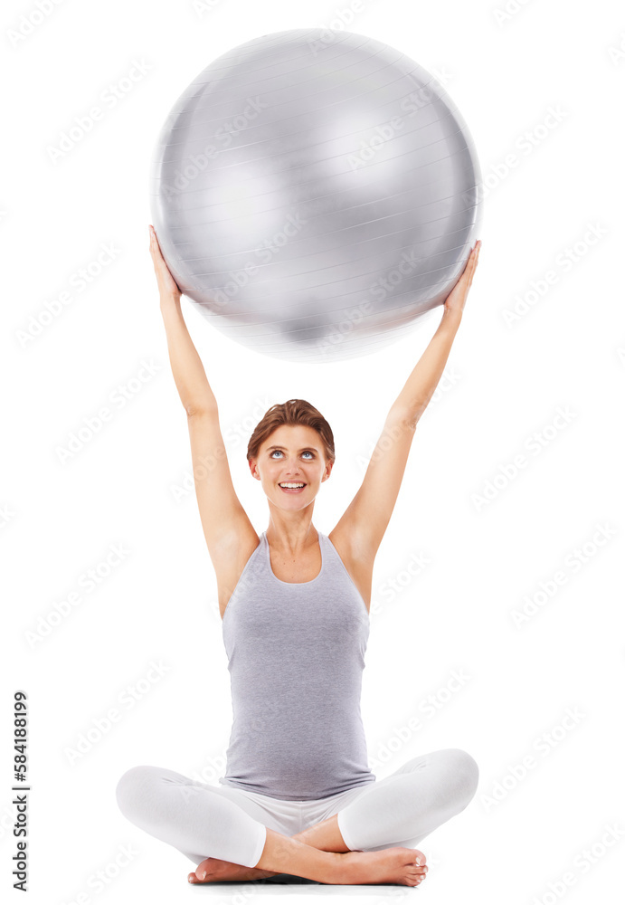 Pregnant woman, smile and exercise ball on an isolated and transparent png background for fitness, p