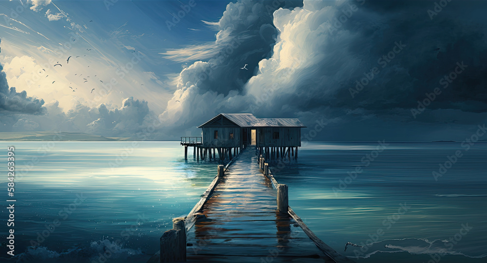 A view of a big wooden pier extending towards the azure sea.