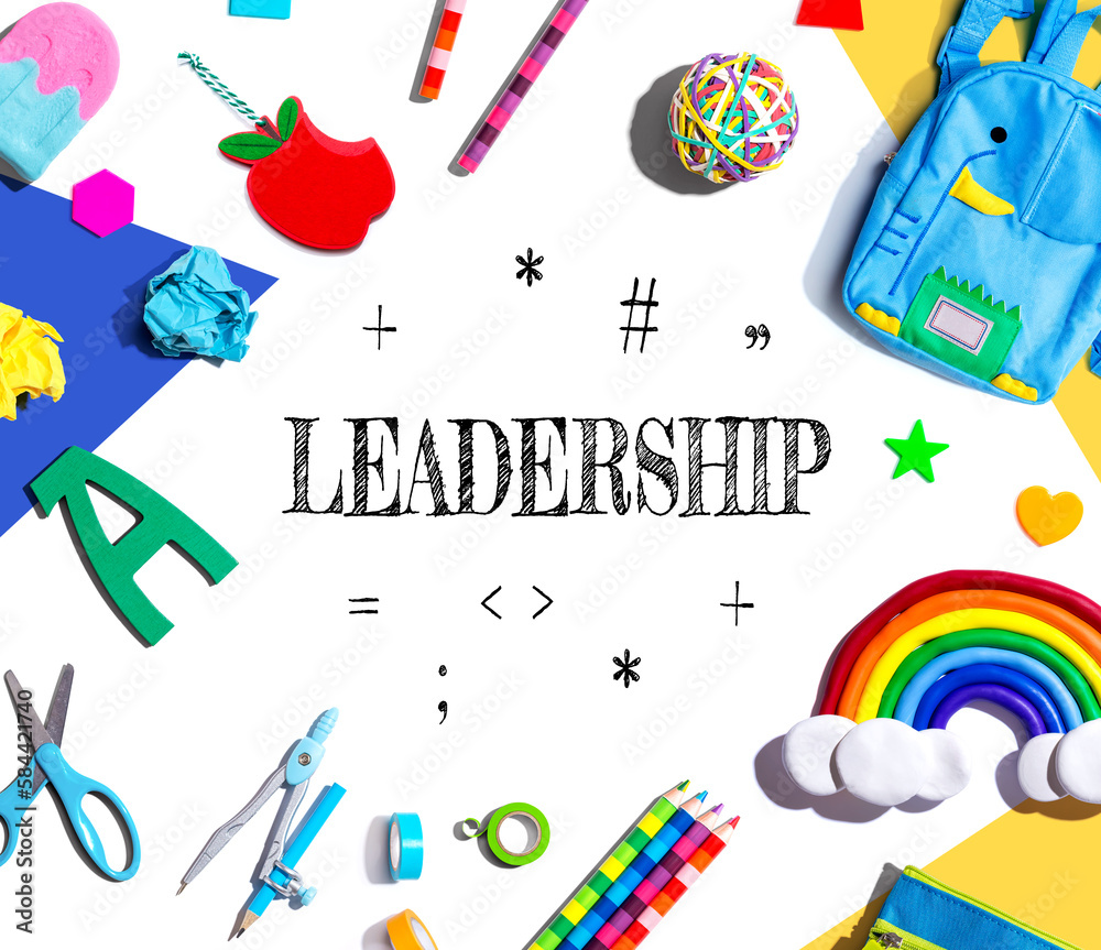 Leadership with school supplies overhead view - flat lay