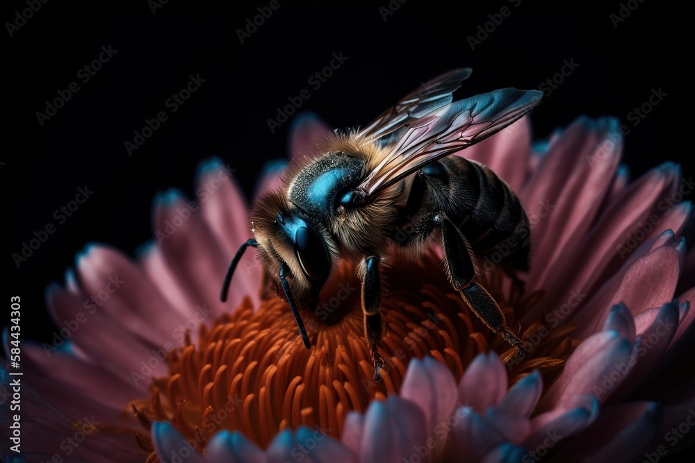  a bee sitting on top of a pink flower with a blue center on its body and wings on its back legs. 