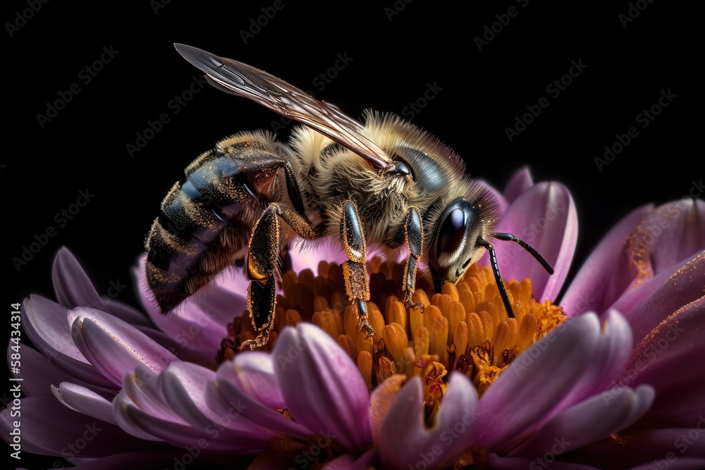  a bee sitting on top of a flower with its wings open and eyes closed, on a black background with a 