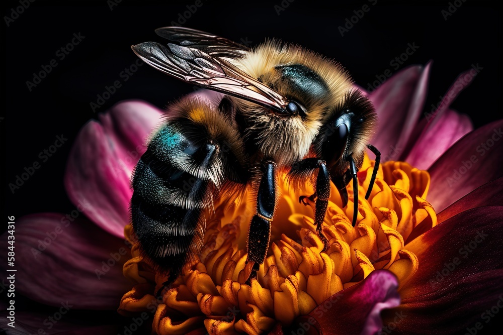  a bee sitting on top of a flower with its eyes closed and head turned to the side of the picture, w
