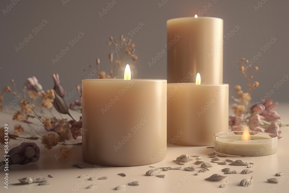  three lit candles sitting on top of a table next to dried flowers and petals on a table top with a 