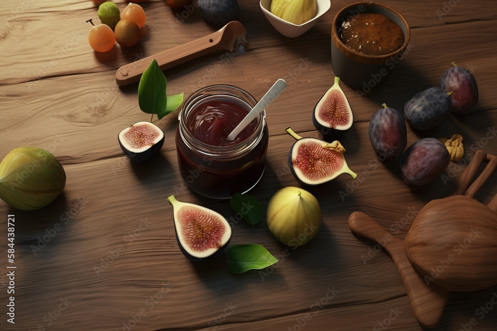  a jar of jam surrounded by figs and other fruit on a wooden table with a spoon and spoon rest on th